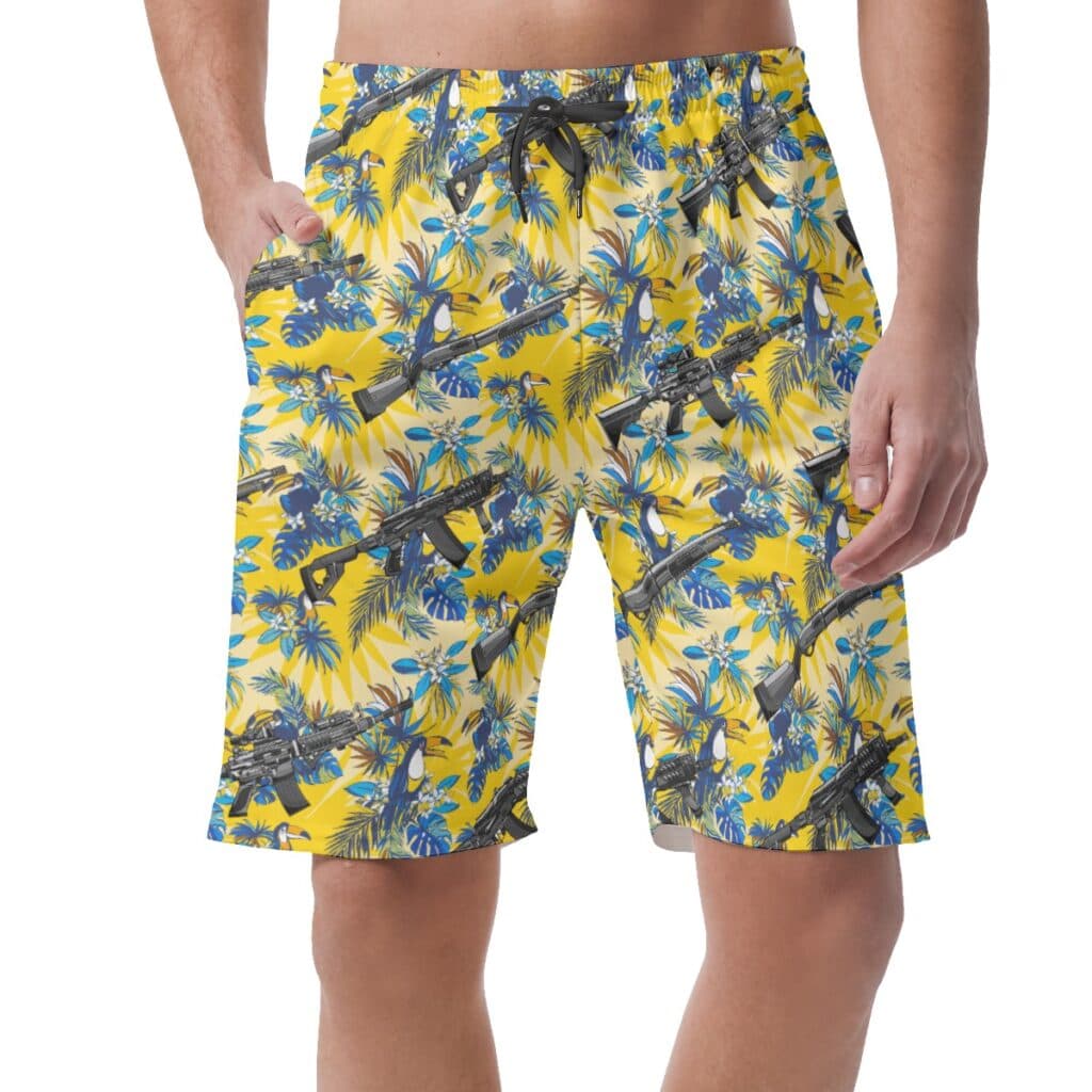 Tactical Toucan Floral Yellow Hawaiian Beach Shorts For Men