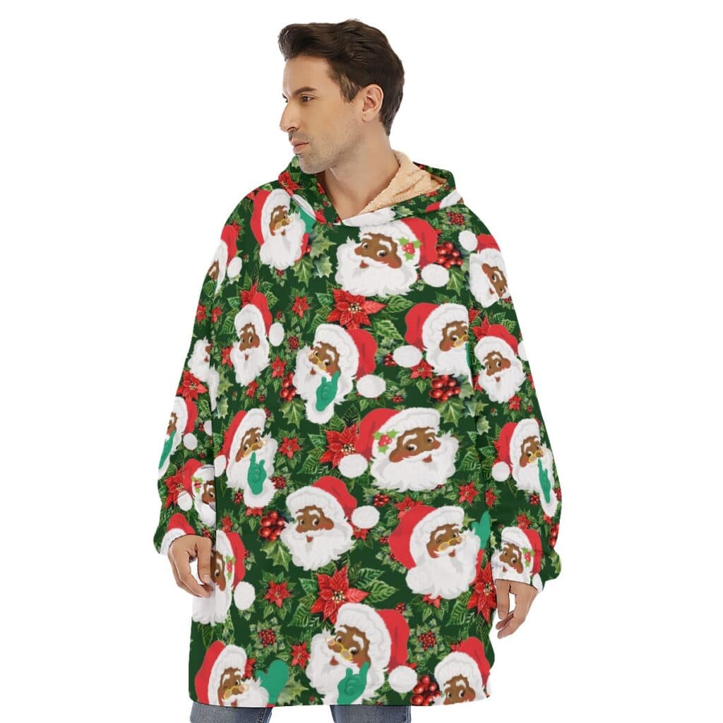 Tropical African American Santa Hawaiian Christmas Blanket Hoodie (1)