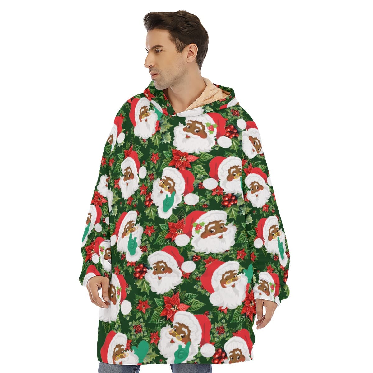 Tropical African American Santa Hawaiian Christmas Blanket Hoodie (1)