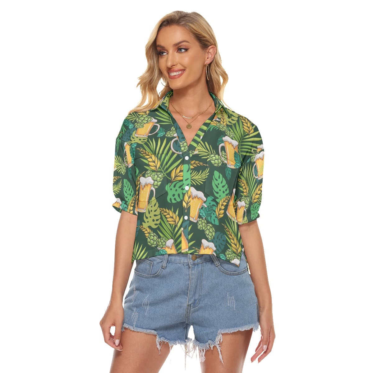 Tropical Beer Hawaiian V-Neck Shirt For Women (1)
