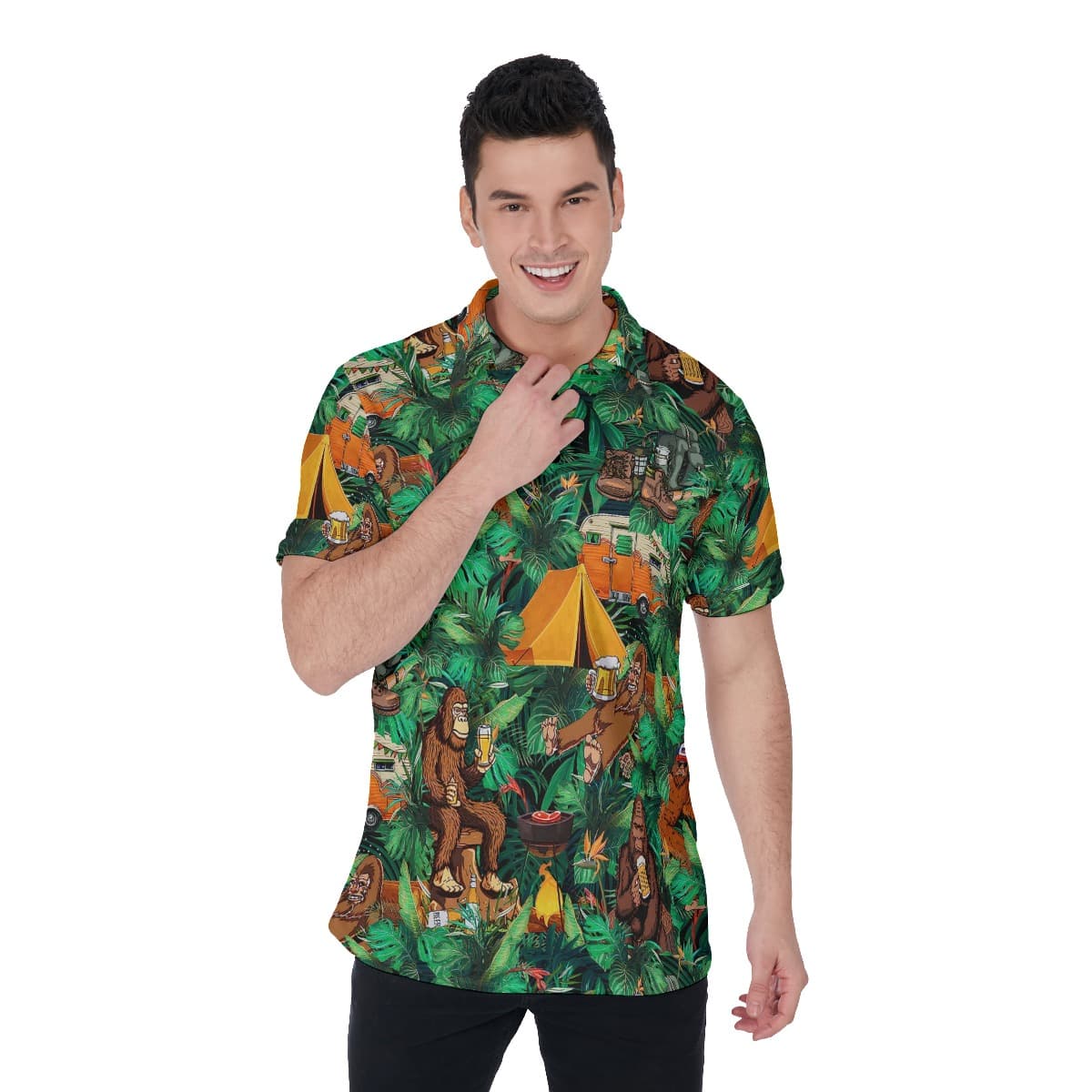 Tropical Bigfoot Camping Hawaiian Polo Shirt For Men