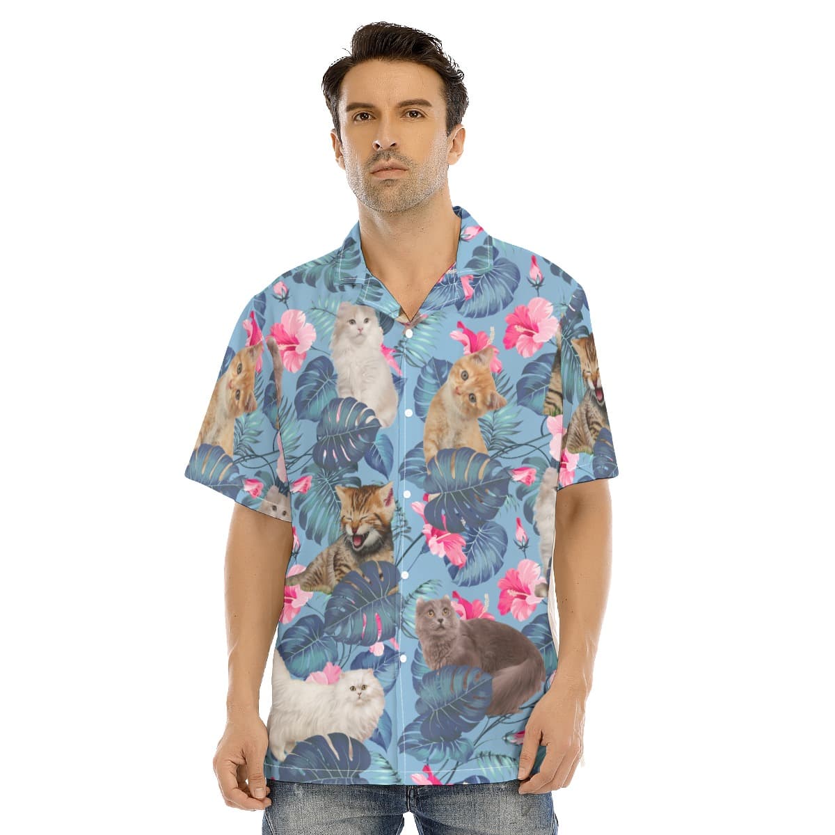 Tropical Cat Print Aloha Shirt For Men (1)