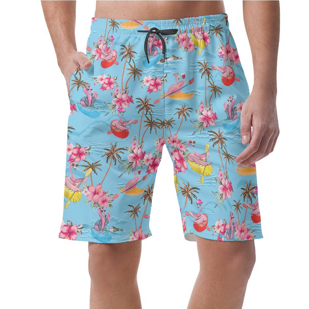 Tropical Flamingo Kayaking Blue Hawaiian Beach Shorts For Men