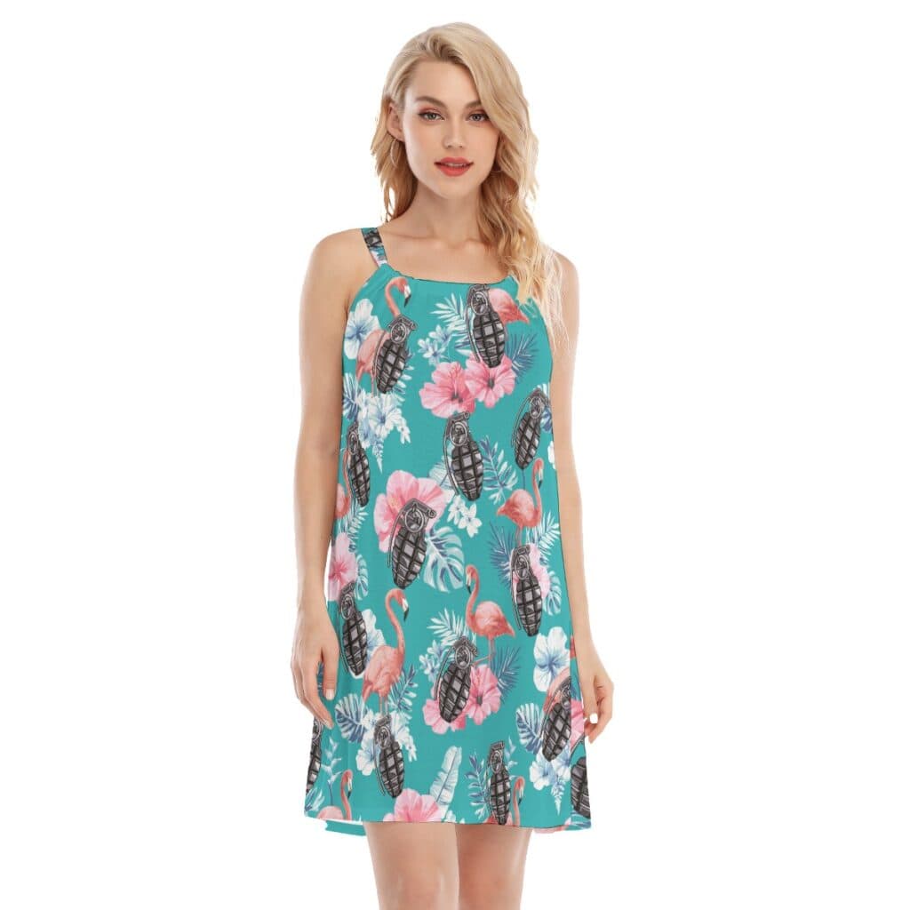 Tropical Flamingo Tactical Blue Hawaiian Cami Dress For Women