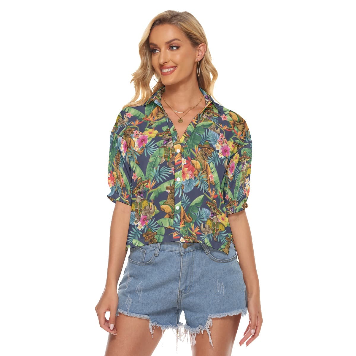 Tropical Hibiscus Dinosaur Taco Hawaiian Crop Top Shirt For Women