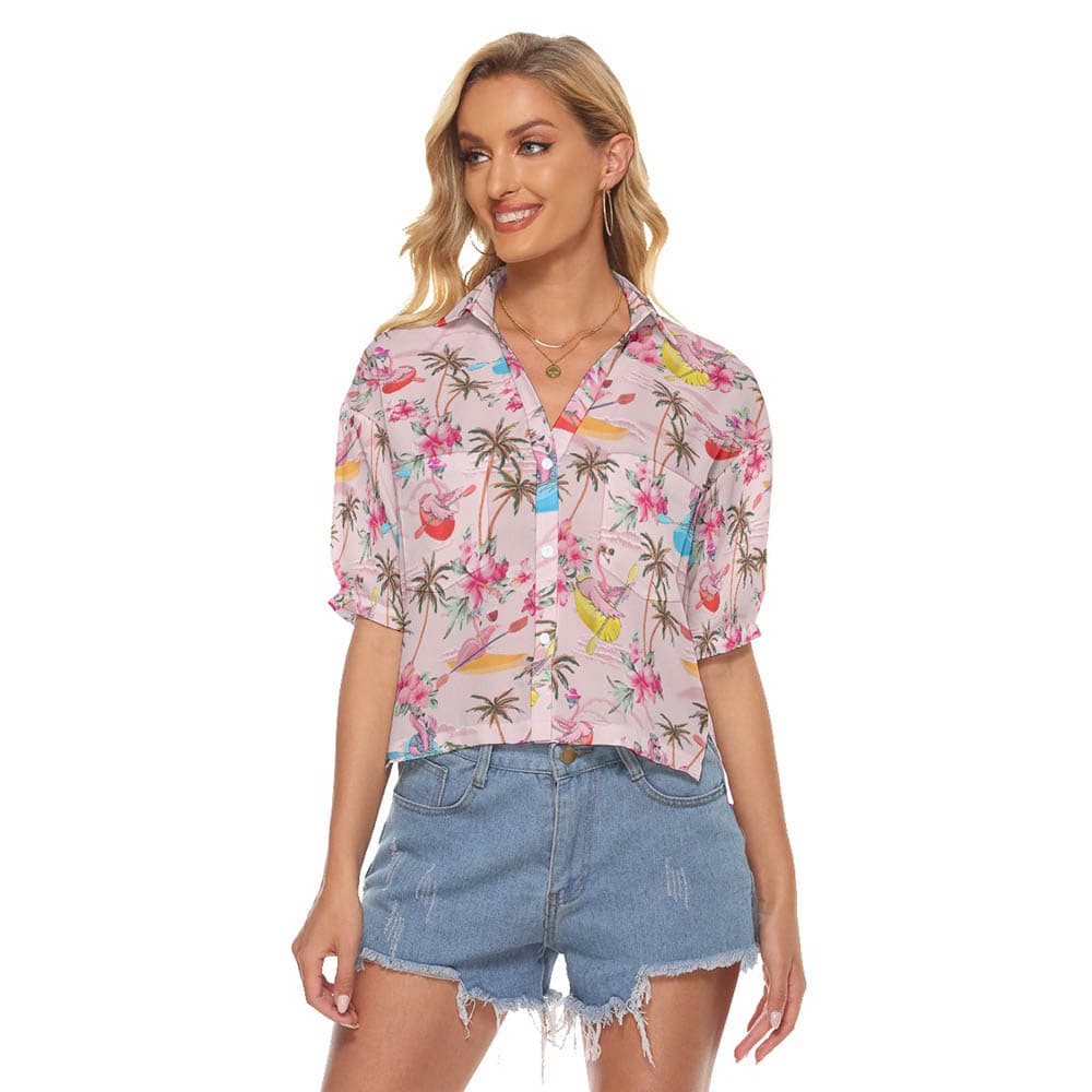 Tropical Hibiscus Flamingo Kayaking Aloha Crop Top Shirt For Women