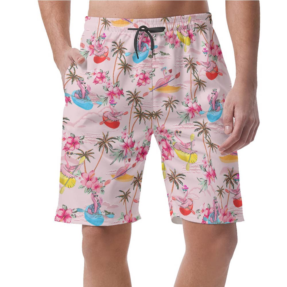Tropical Hibiscus Flamingo Kayaking Hawaiian Beach Shorts For Men