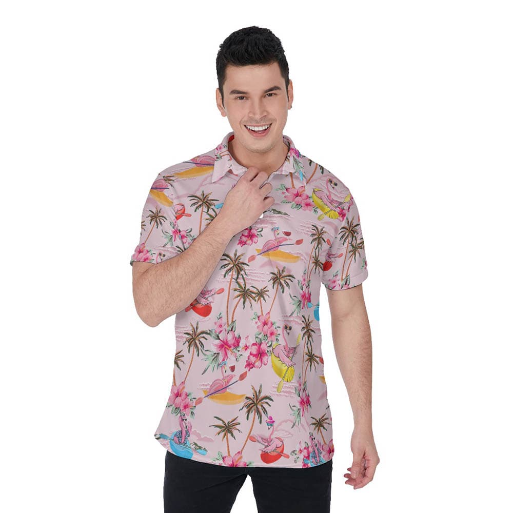 Tropical Hibiscus Flamingo Kayaking Hawaiian Polo Shirt For Men