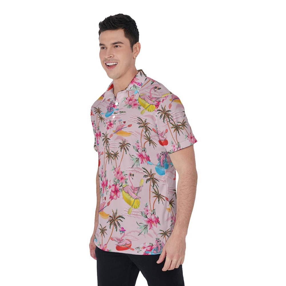 Tropical Hibiscus Flamingo Kayaking Hawaiian Polo Shirt For Men