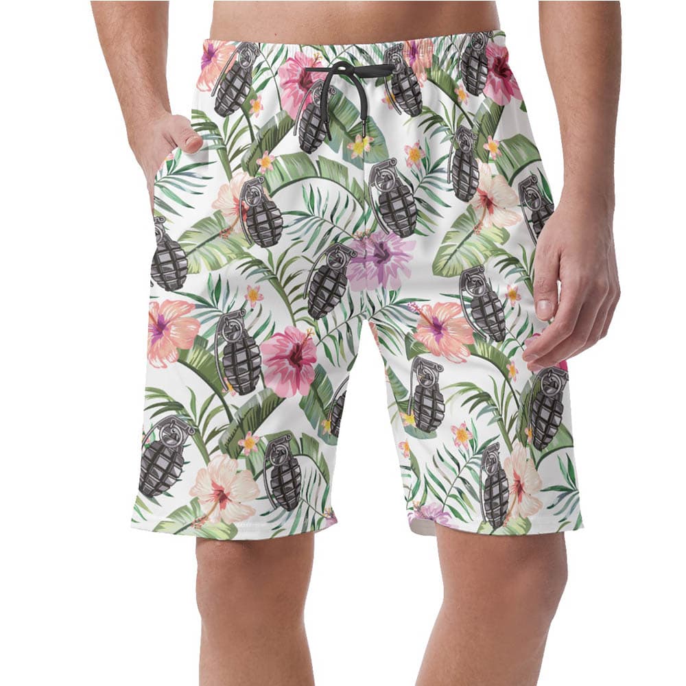 Tropical Hibiscus Grenade Tactical Hawaiian Summer Shorts For Men