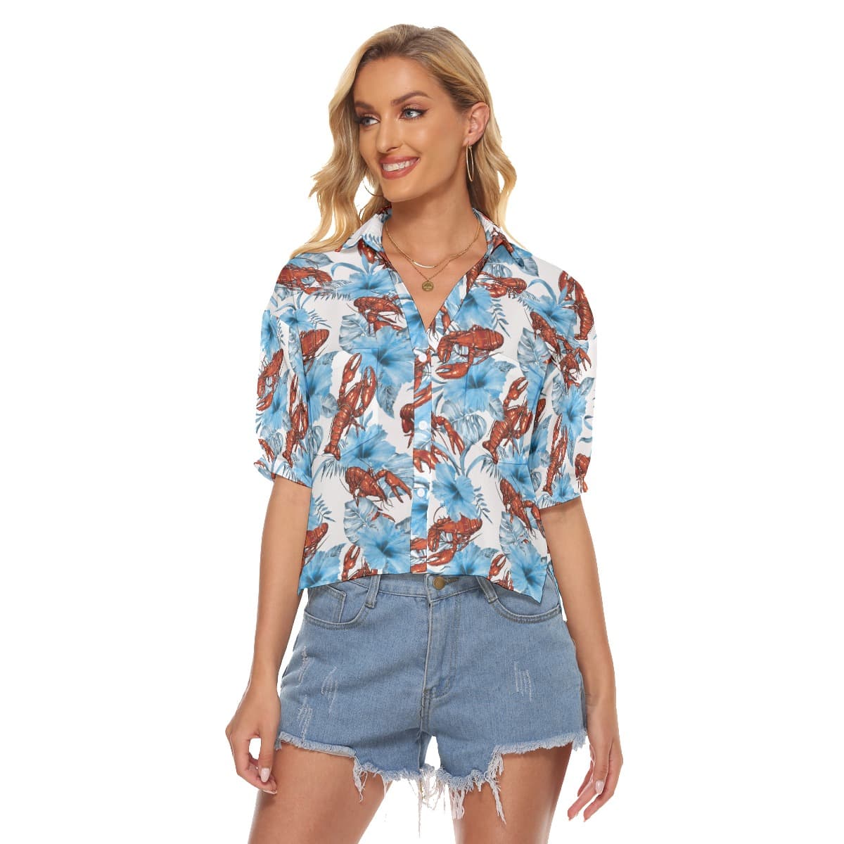 Tropical Hibiscus Lobster Hawaiian Cropped Shirt (1)