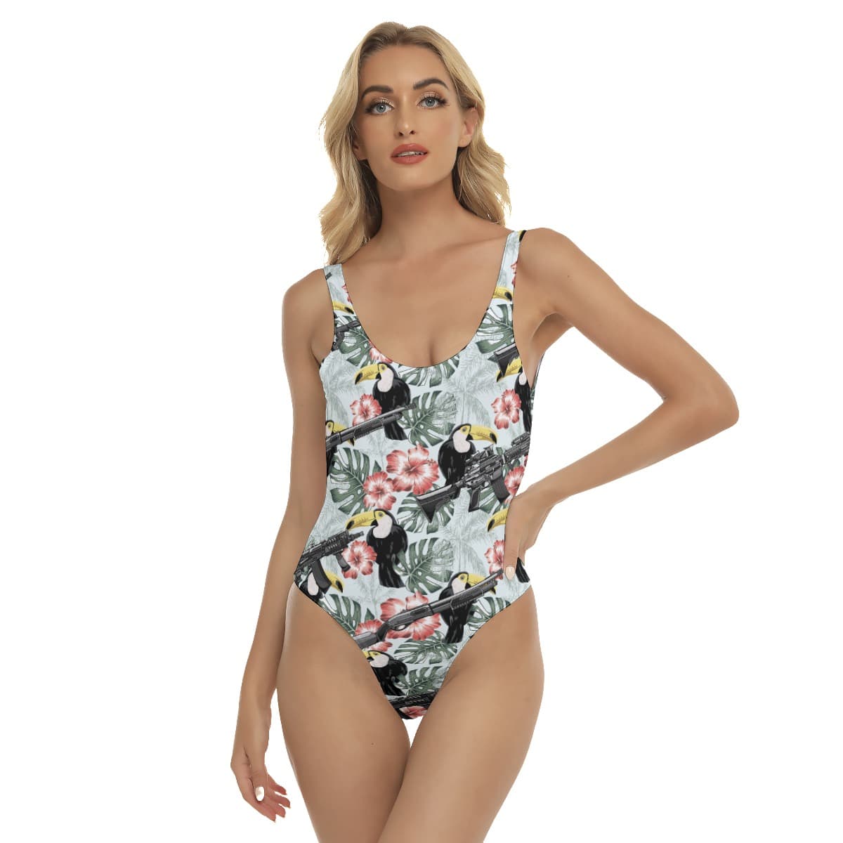 Tropical Hibiscus Tactical Gun Toucan Hawaiian Swimsuit For Women (1)