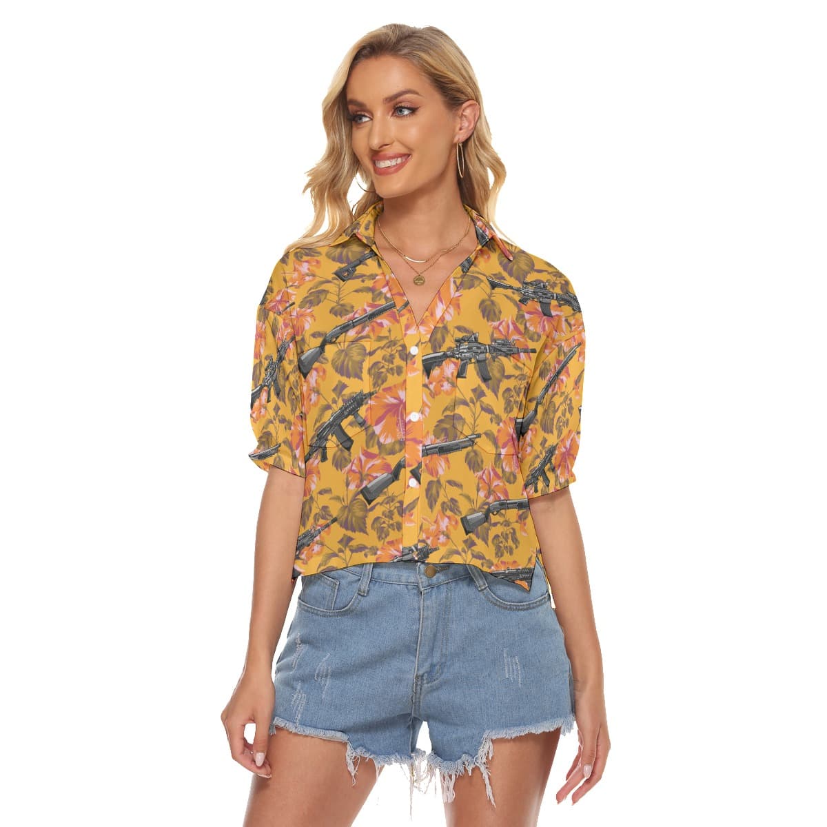 Tropical Hibiscus Tactical Orange Aloha Crop Top Shirt