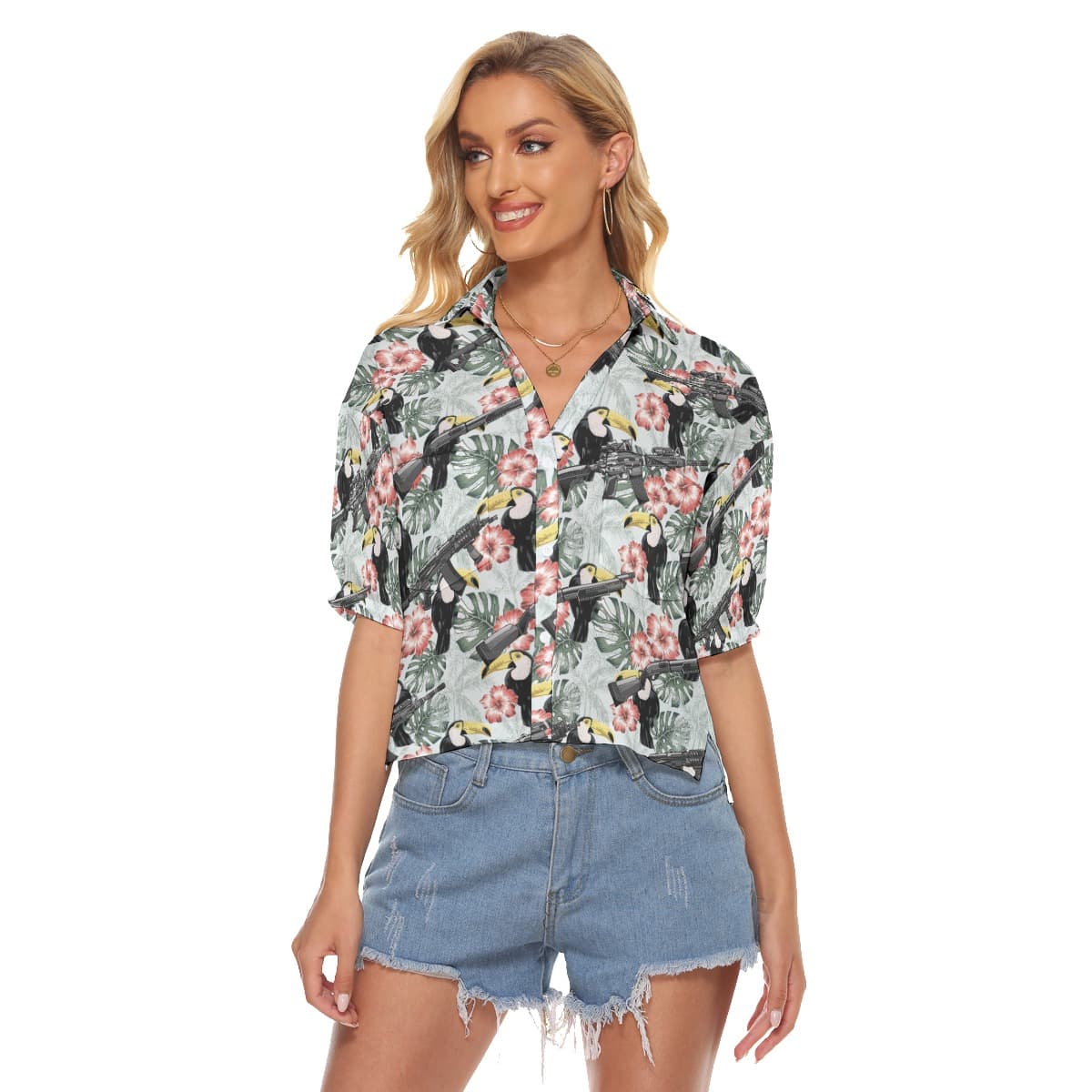 Tropical Hibiscus Toucan Gun Hawaiian Cropped Shirt For Women (1)