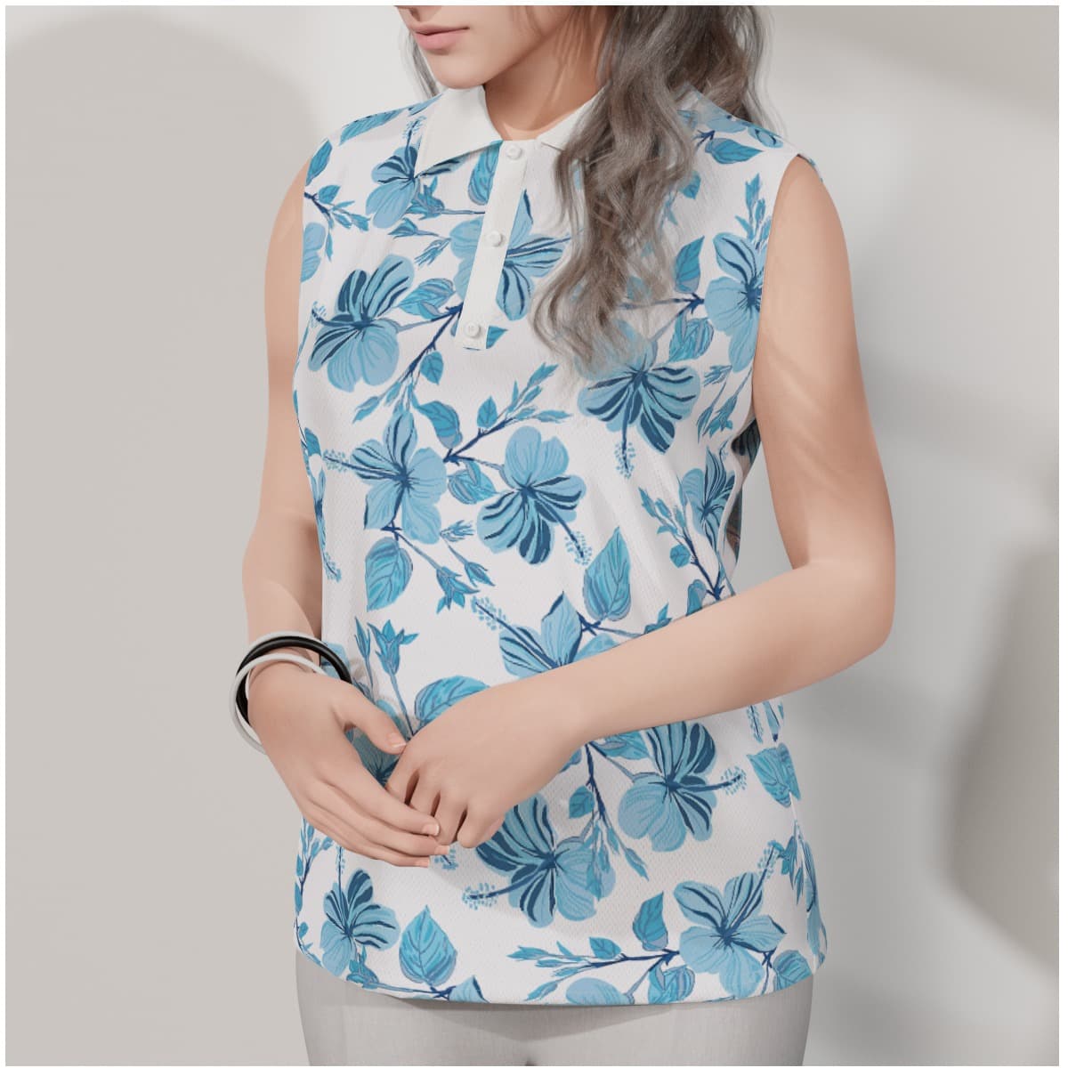 Tropical Hibiscus Women's Sleeveless Polo Shirt | Hawaiian Golf Shirt