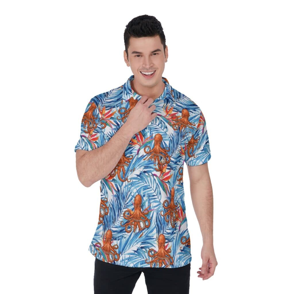Tropical Octopus Blue Hawaiian Men's Polo Shirt