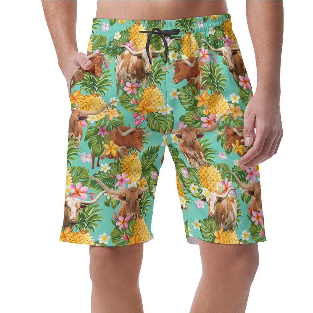 Tropical Pineapple Longhorn Cow Hawaiian Beach Shorts For Men