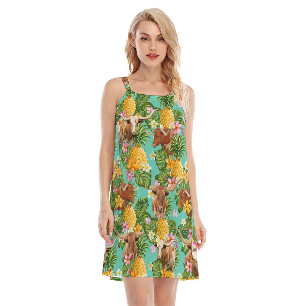 Tropical Pineapple Longhorn Cow Hawaiian Cami Dress For Women