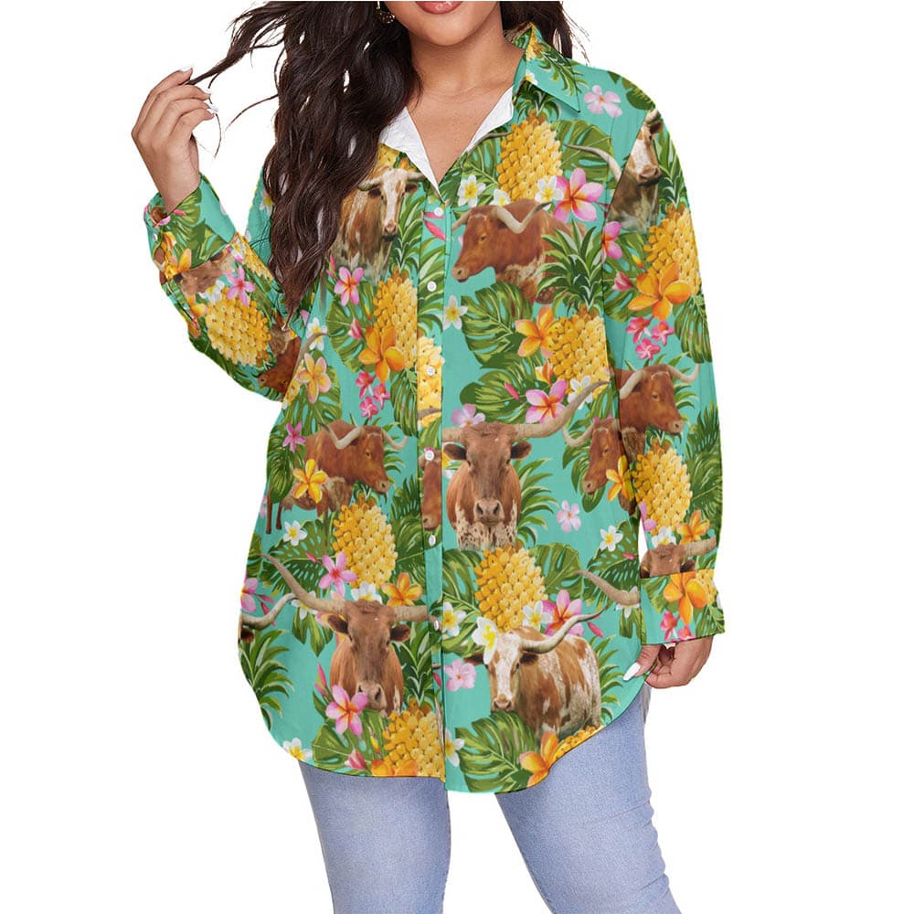 Tropical Pineapple Texas Longhorn Cow Hawaiian Plus Size Shirt For Women