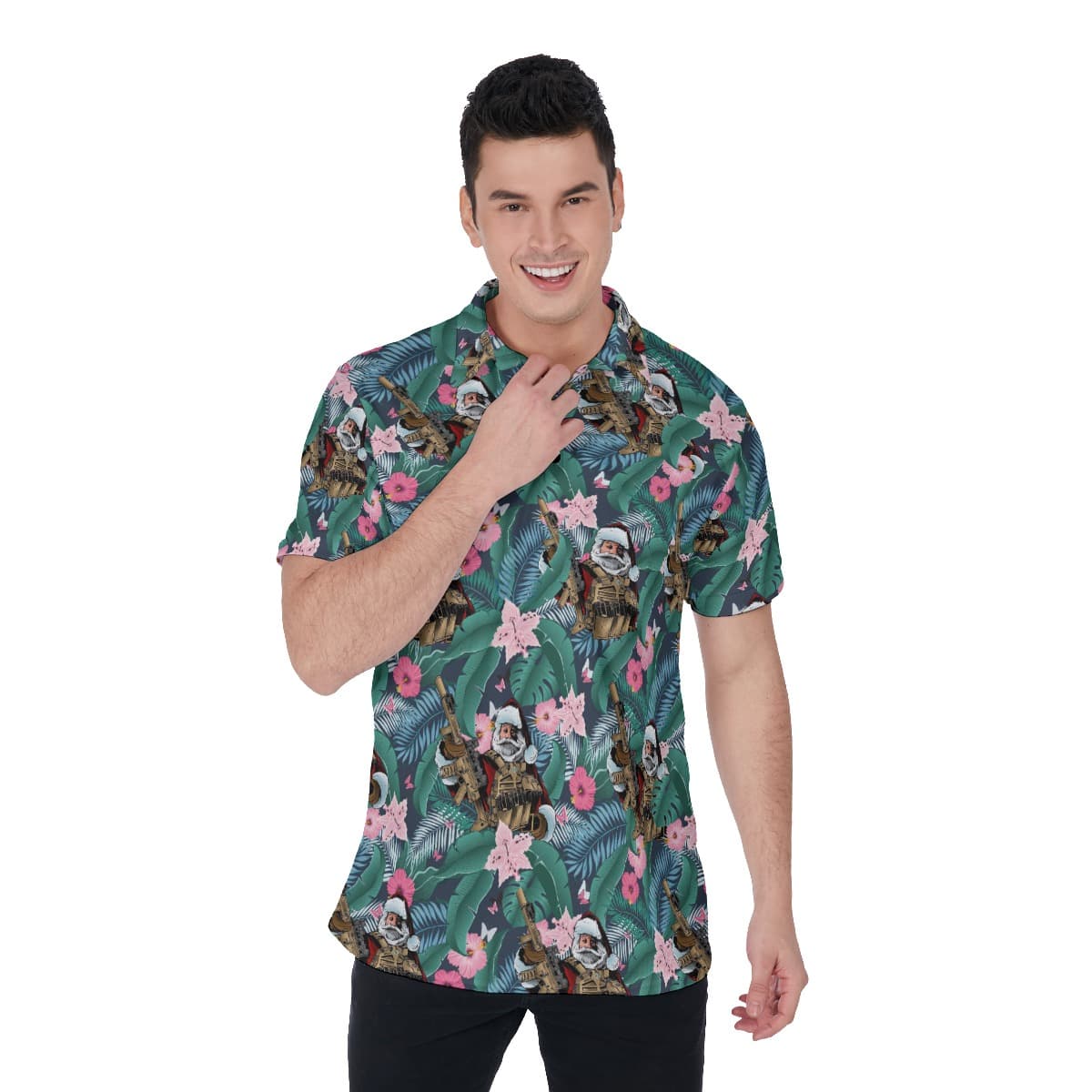 Tropical Santa Claus Tactical Gun Hawaiian Polo Shirt