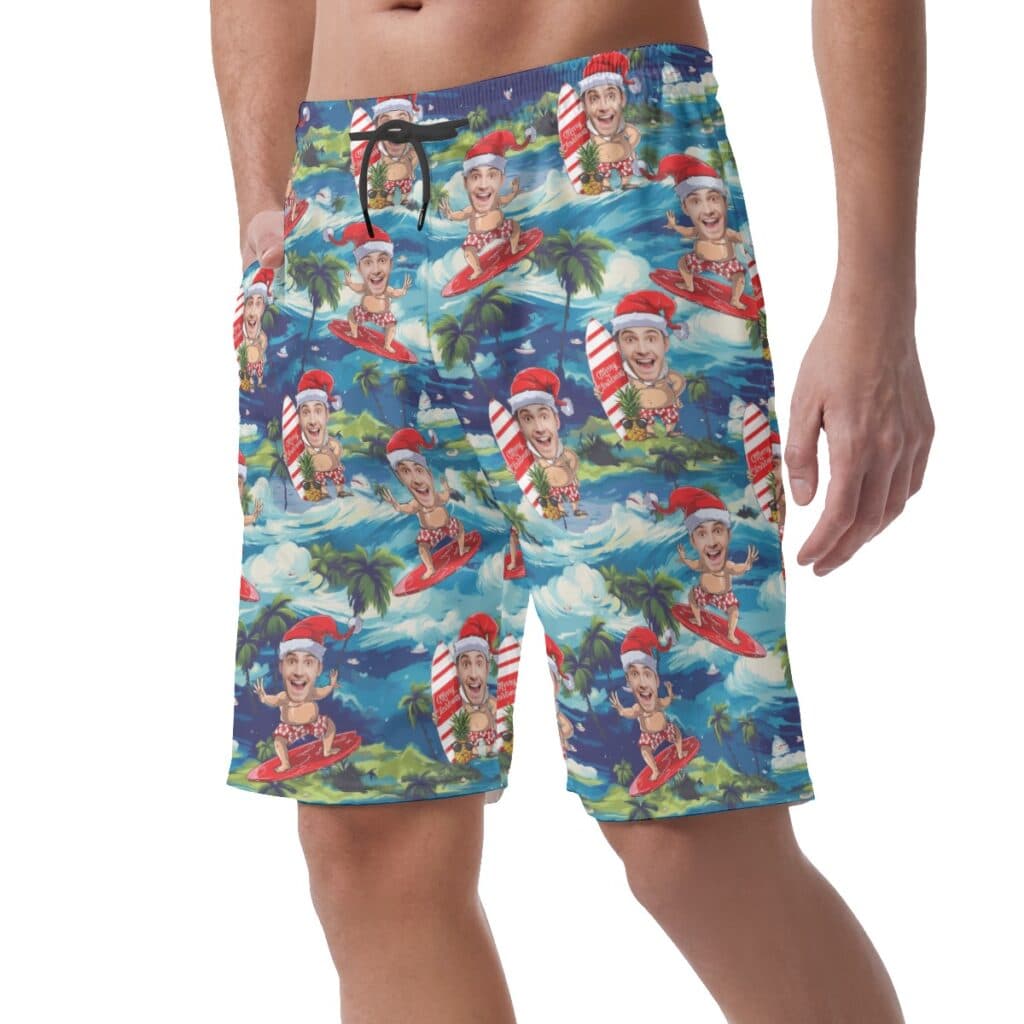 Tropical Santa Surfing Custom Face Tropical Summer Shorts For Men