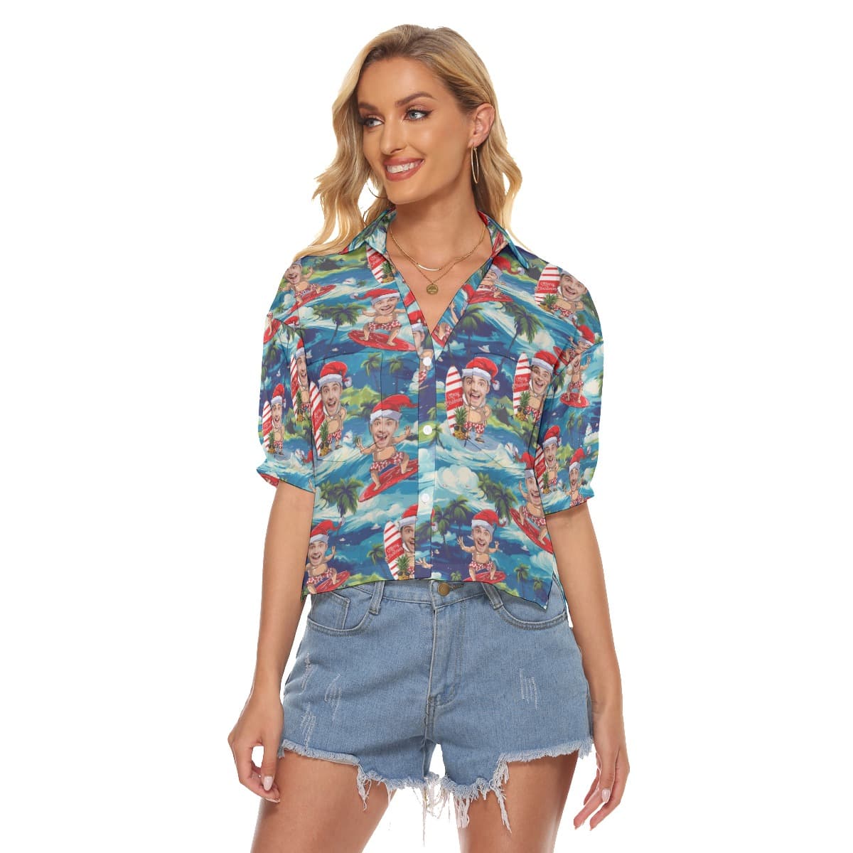 Tropical Santa Surfing Hawaiian Cropped Shirt With Custom Face (1)