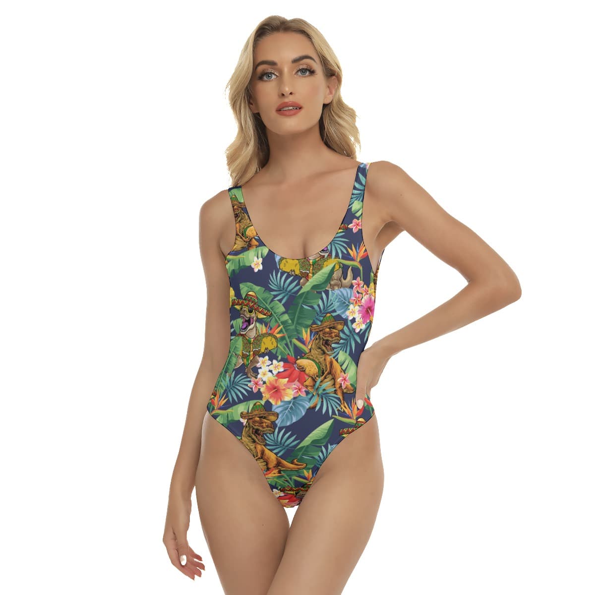 Tropical Taco Dinosaur Hibiscus Hawaiian Swimsuit For Women (1)