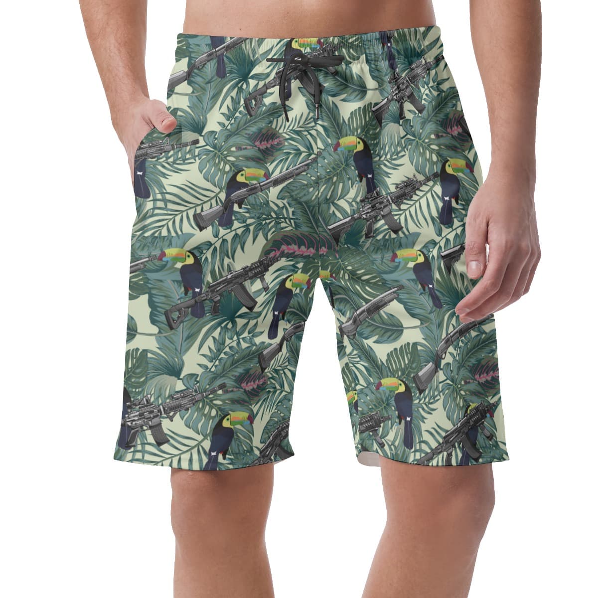 Tropical Tactical Gun Toucan Green Hawaiian Beach Shorts For Men