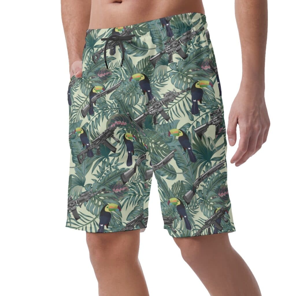 Tropical Tactical Gun Toucan Green Hawaiian Beach Shorts For Men
