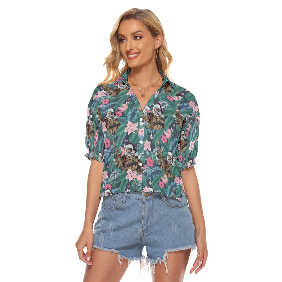 Tropical Tactical Santa Hawaiian Crop Top Shirt For Women
