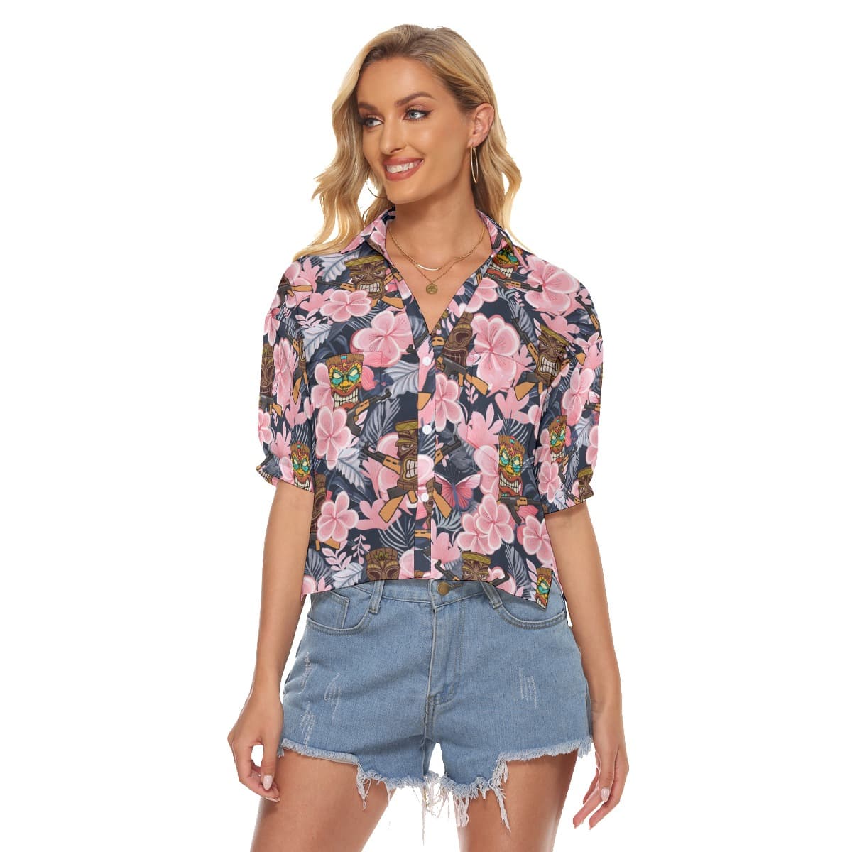 Tropical Tiki Tactical Gun Vintage Hawaiian V-Neck Shirt For Women (1)