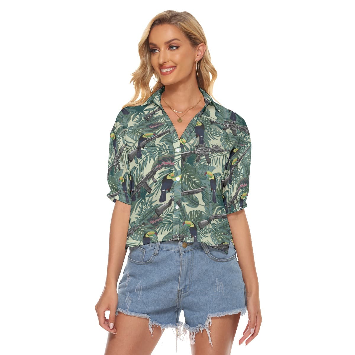 Tropical Toucan Long Gun Tactical Hawaiian Cropped Shirt (1)