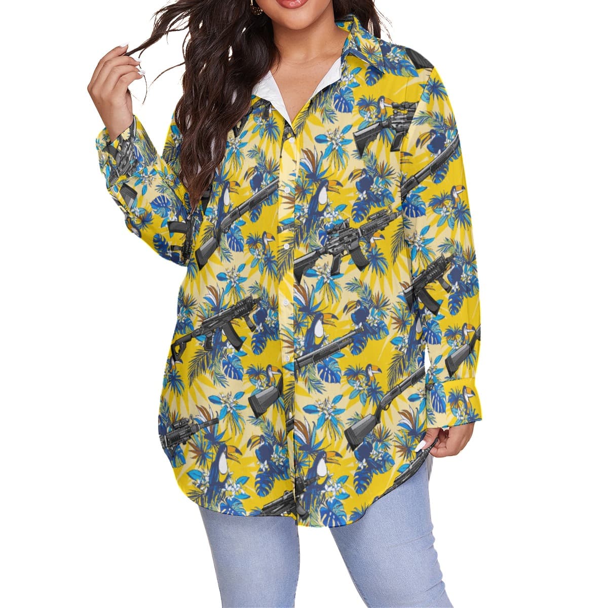 Tropical Toucan Tactical Gun Hawaiian Oversized Shirt For Women