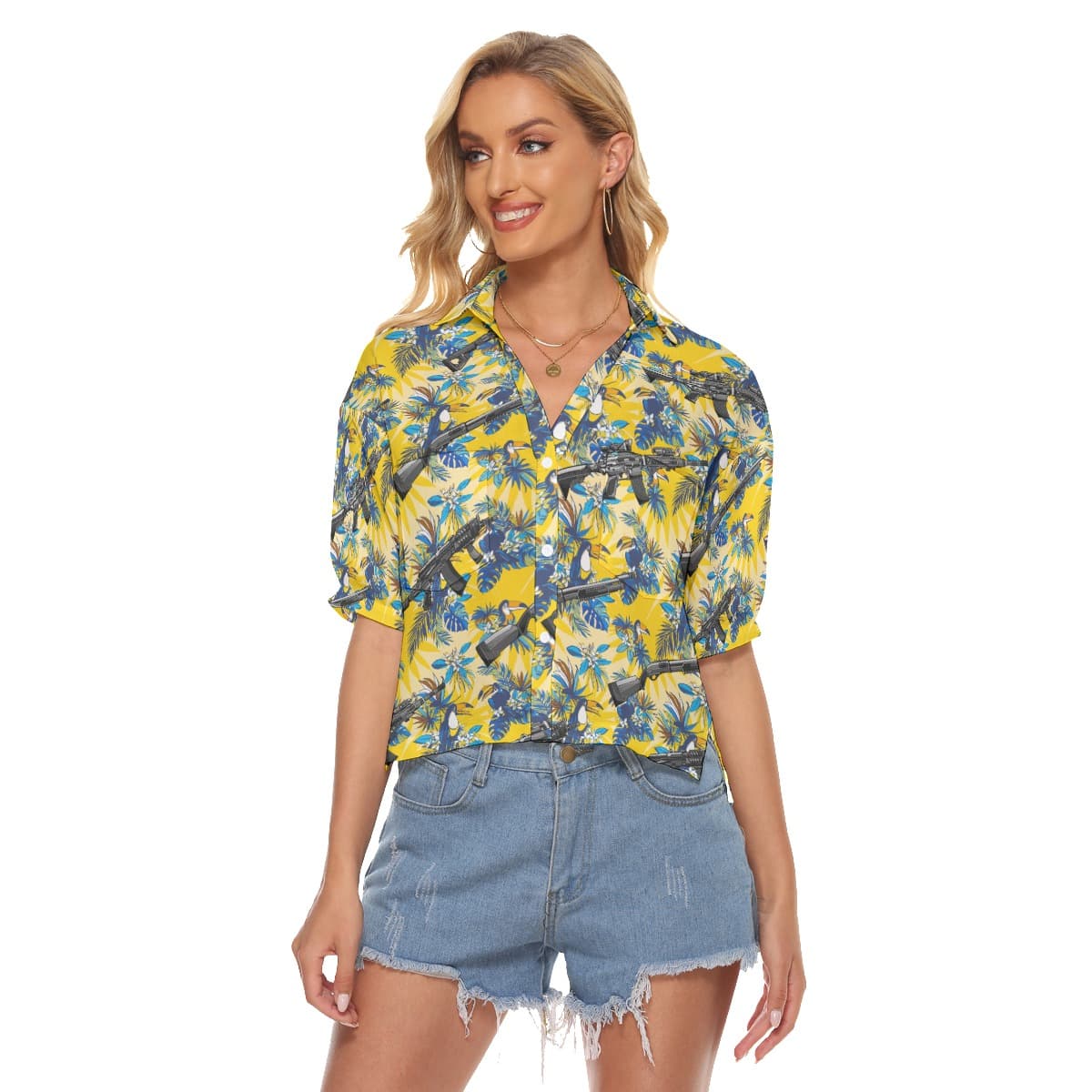 Tropical Toucan Tactical Machine Gun Yellow Aloha Cropped Shirt