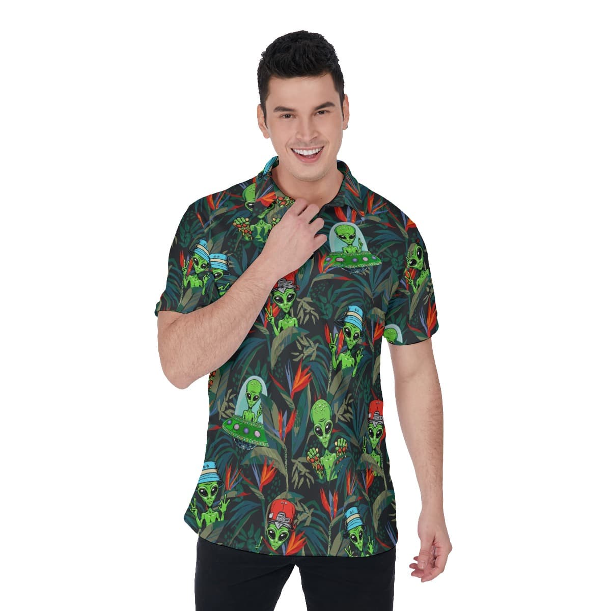 Tropical UFO Alien Green Hawaiian Polo Shirt For Men