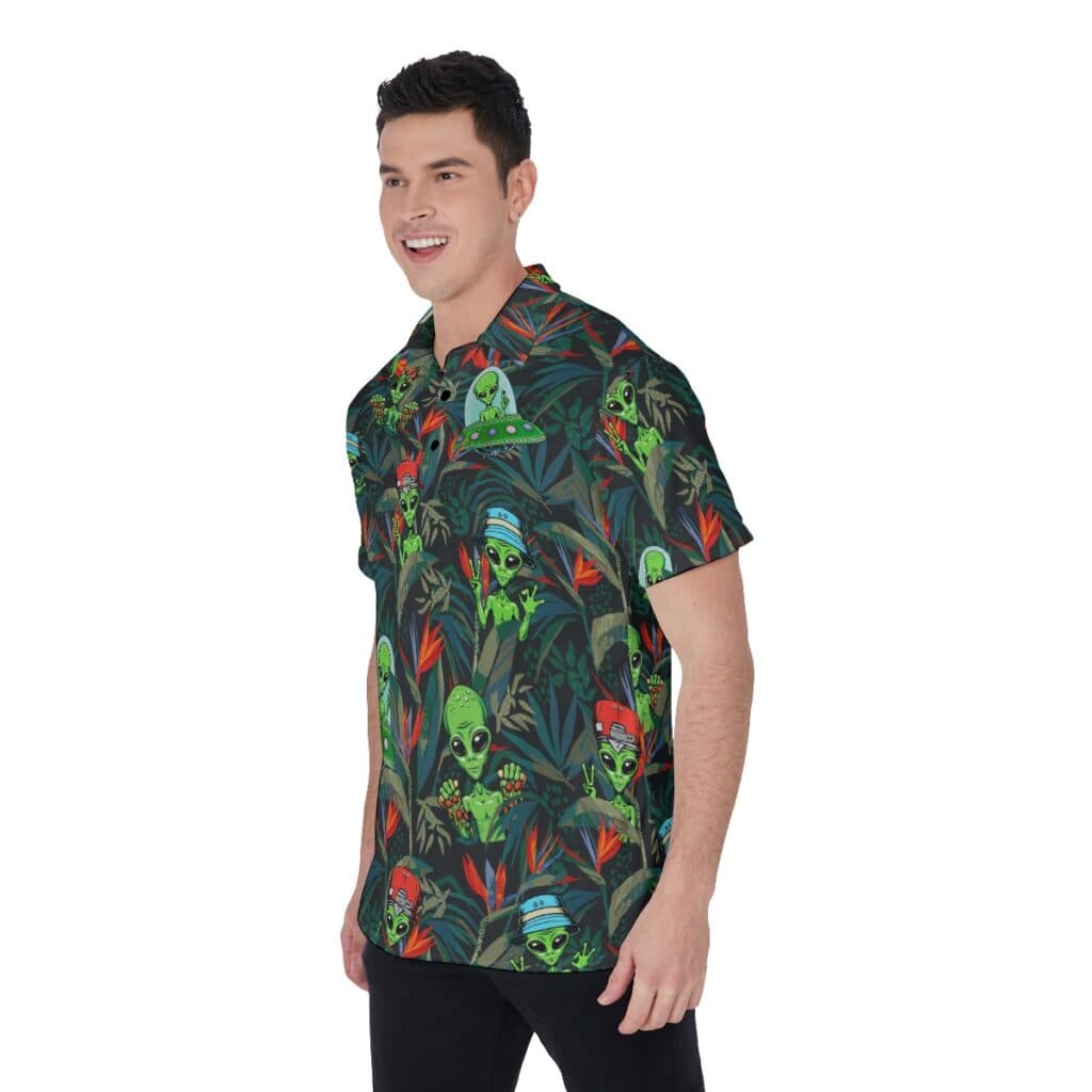 Tropical UFO Alien Green Hawaiian Polo Shirt For Men