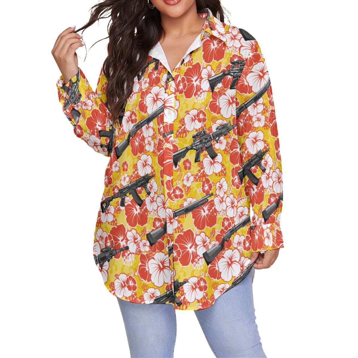 Vintage Hibiscus Tactical Gun Yellow Hawaiian Blouse Shirt (1)