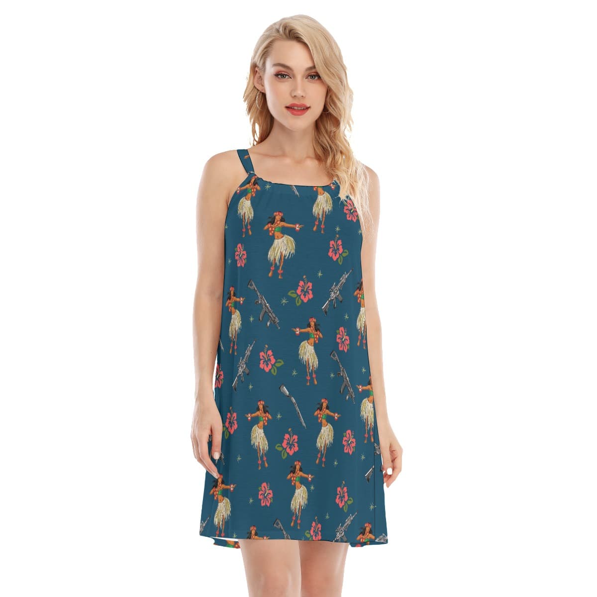 Vintage Hula Girl Tactical Gun Hibiscus Hawaiian Dresses For Women (1)