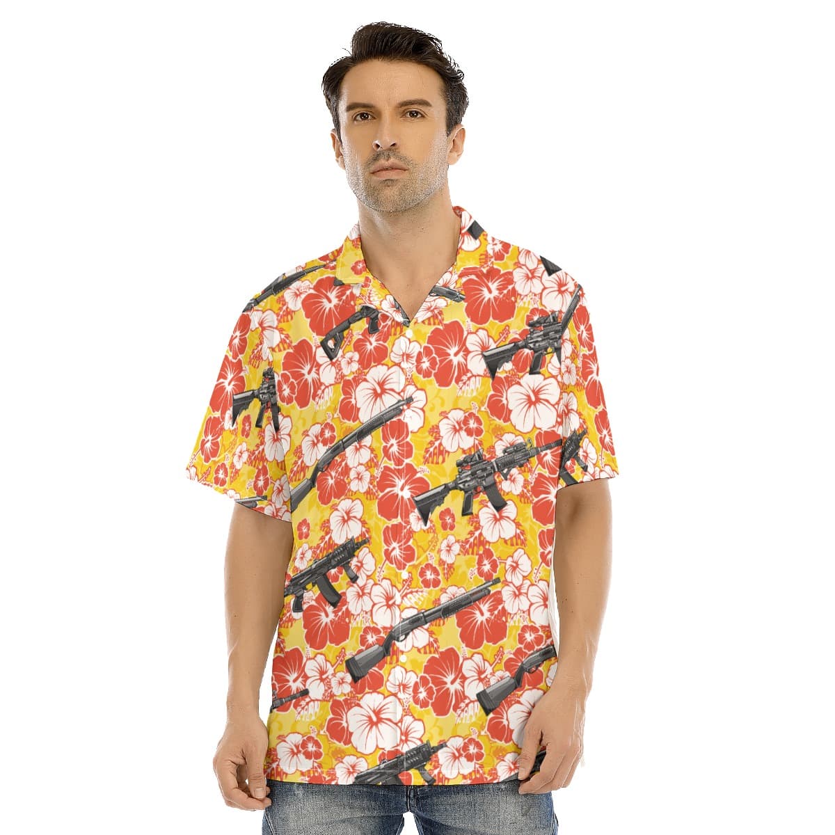 Yellow Hibiscus Tactical Gun Hawaiian Collared Shirt