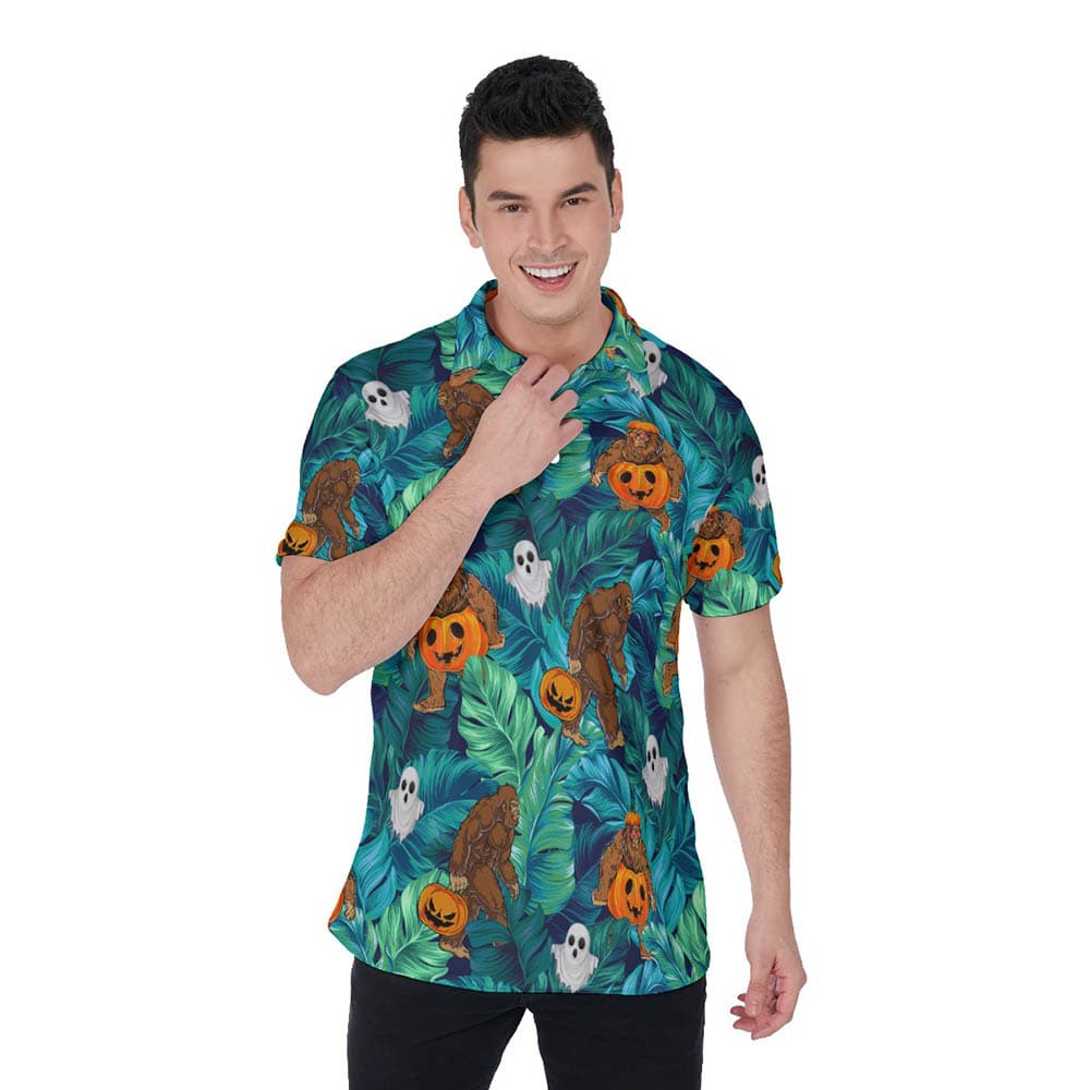 Bigfoot Pumpkin Halloween Hawaiian Polo Shirt For Men