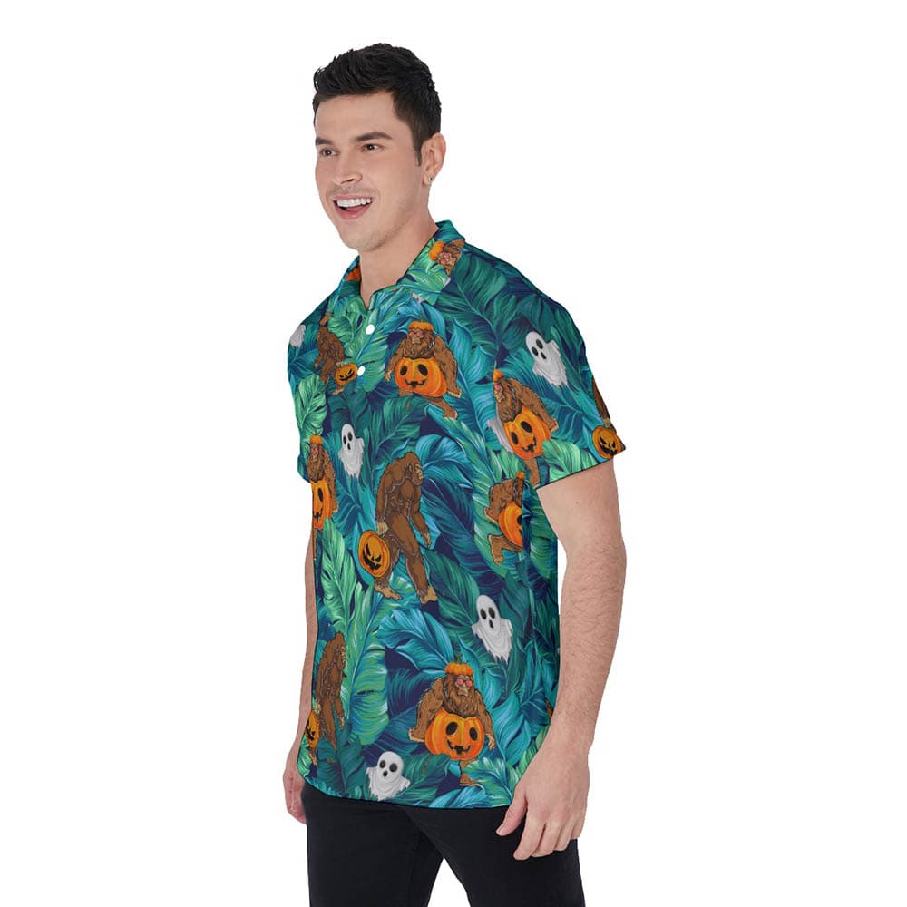 Bigfoot Pumpkin Halloween Hawaiian Polo Shirt For Men
