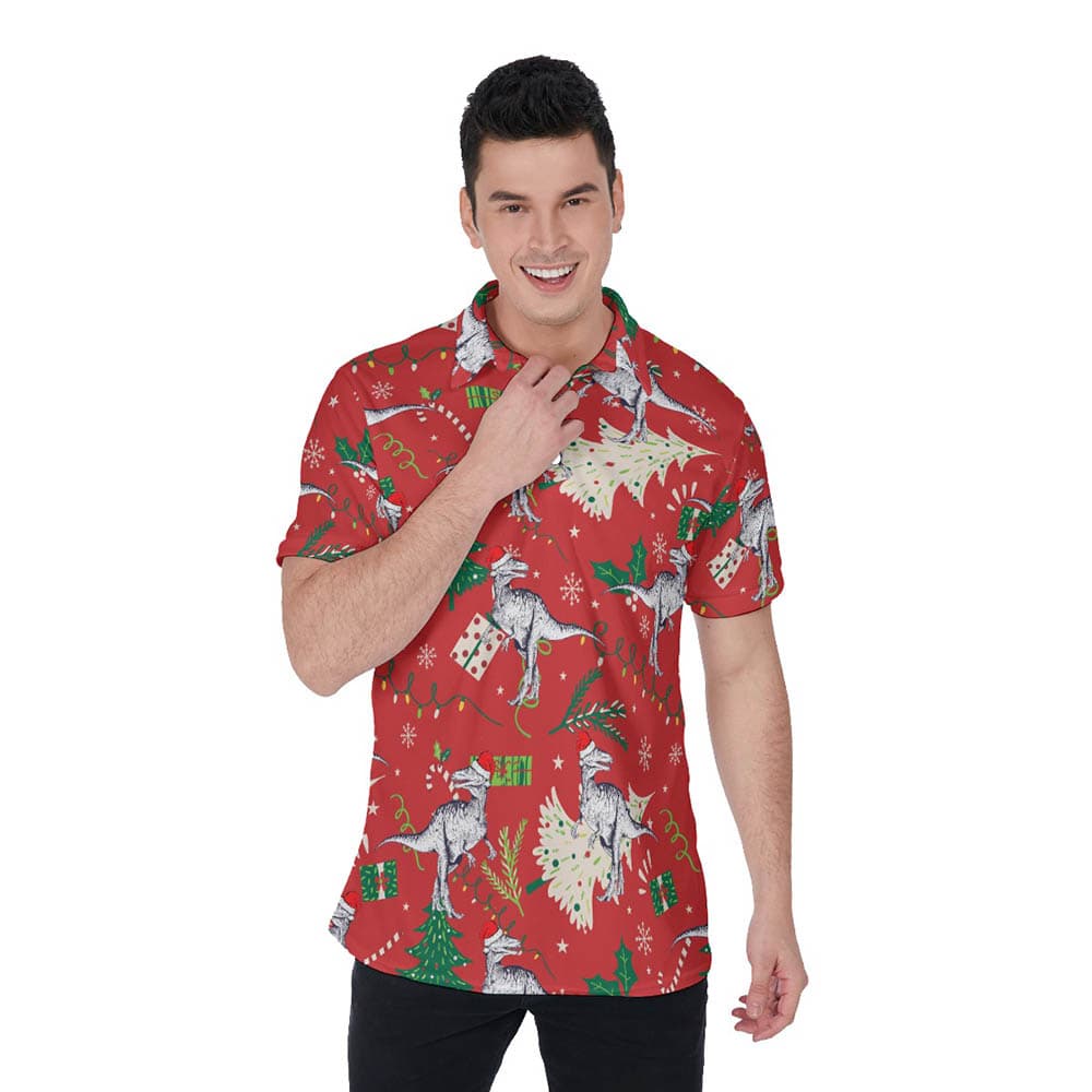 Christmas Dinosaur Red Hawaiian Polo Golf Shirt For Men