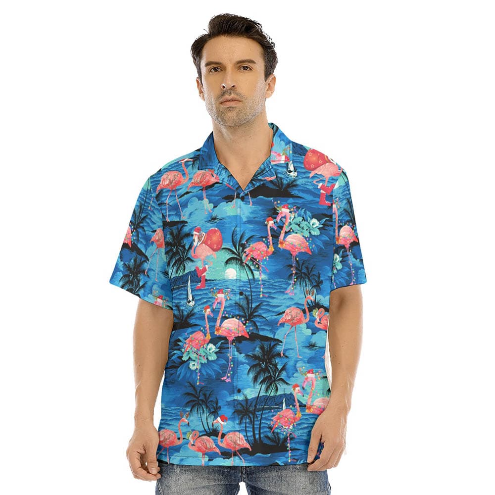 Christmas Flamingo Tropical Blue Beach Hawaiian Shirt