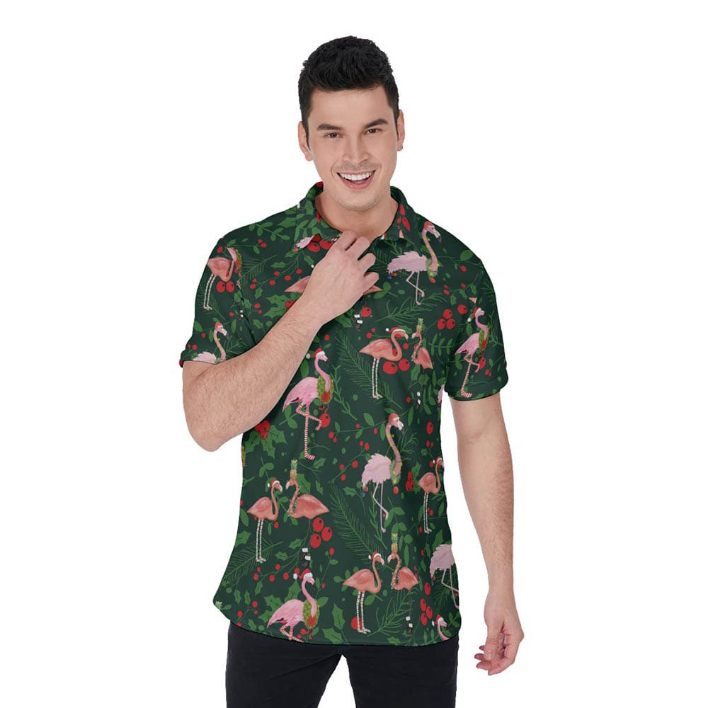 Christmas Flamingo Tropical Holly Green Hawaiian Polo Shirt For Men