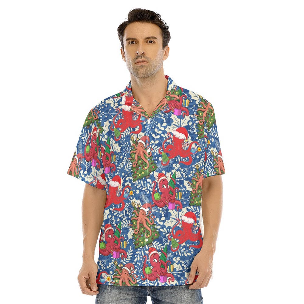 Christmas Octopus Holly Floral Hawaiian Shirt