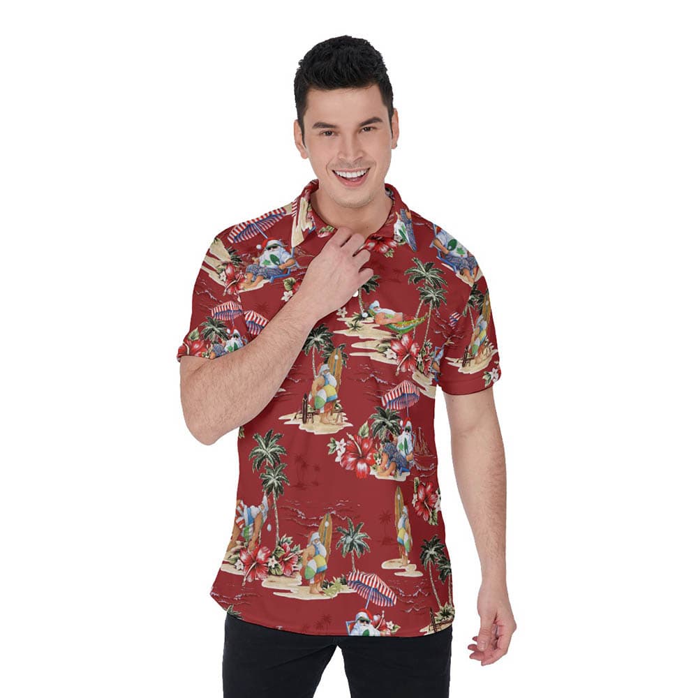 Christmas Santa On Beach Red Hawaiian Polo Shirt