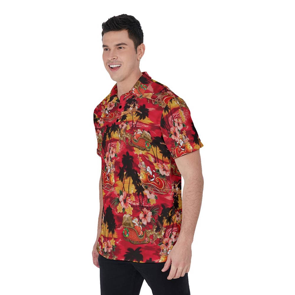 Christmas Santa Riding Sleigh Tropical Classic Hawaiian Polo Shirt For Men