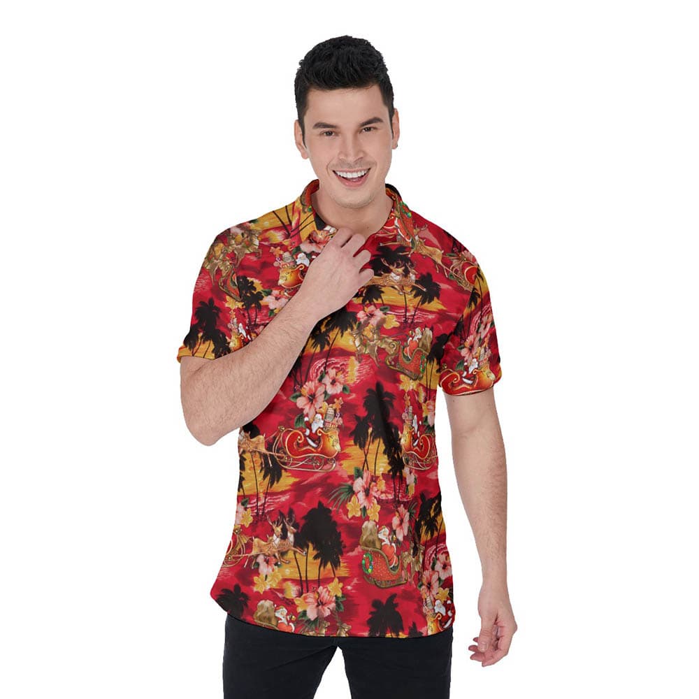 Christmas Santa Riding Sleigh Tropical Classic Hawaiian Polo Shirt For Men