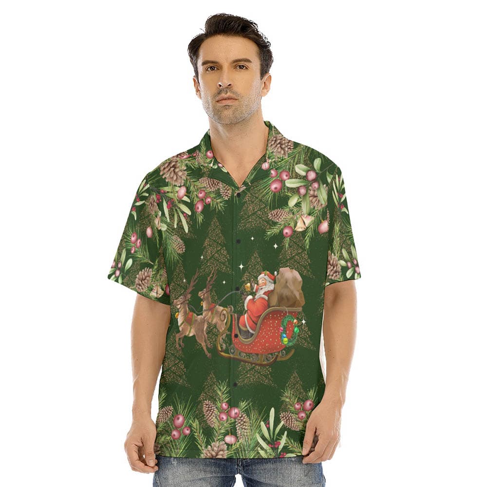 Christmas Santa Riding Sleigh Tropical Green Classic Hawaiian Shirt