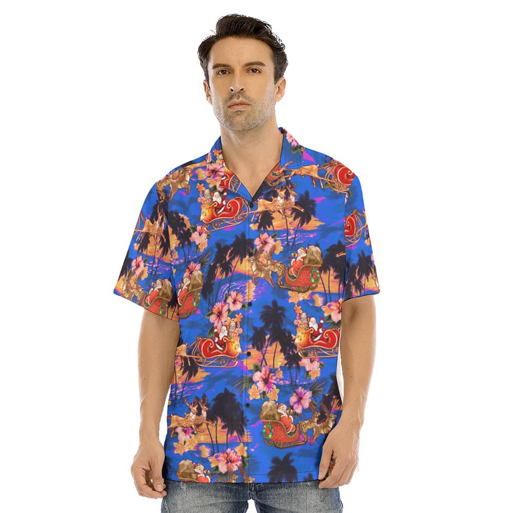 Christmas Santa Riding Sleigh Tropical Sunset Beach Blue Hawaiian Shirt